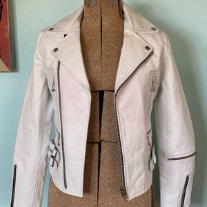 White Leather Zipper Motorcycle Moto Jacket